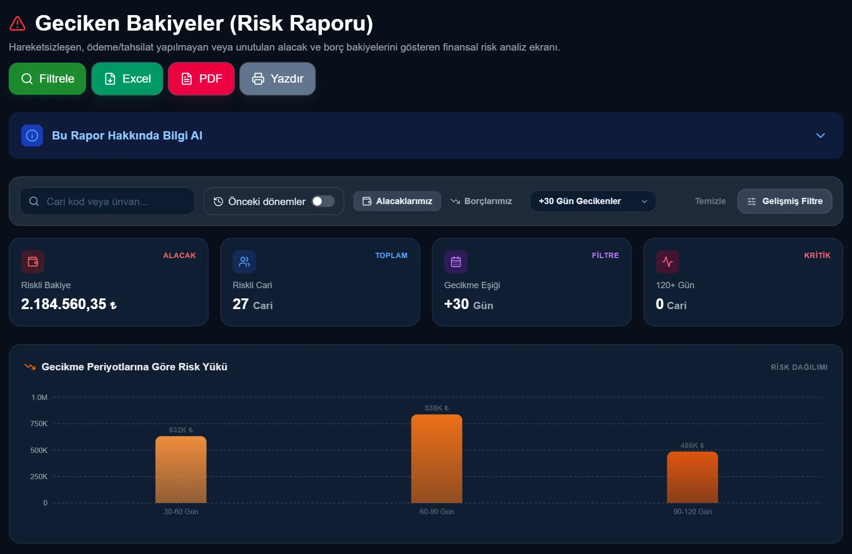 Rapor App geciken bakiyeler ekranı