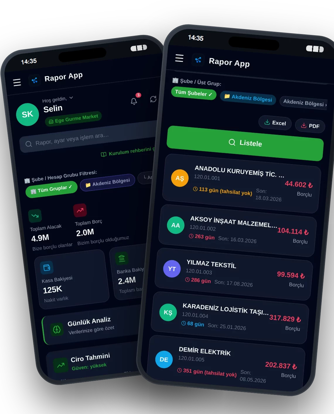Rapor App mobil uygulaması: cari bakiyeler, kasa ve banka özeti