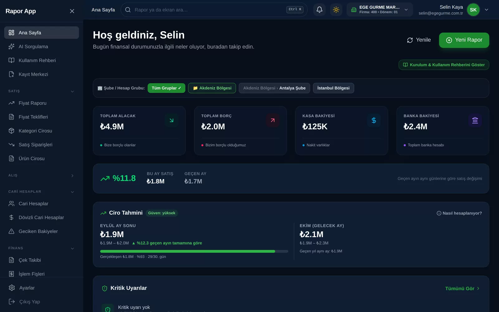 Rapor App ana panel, koyu tema